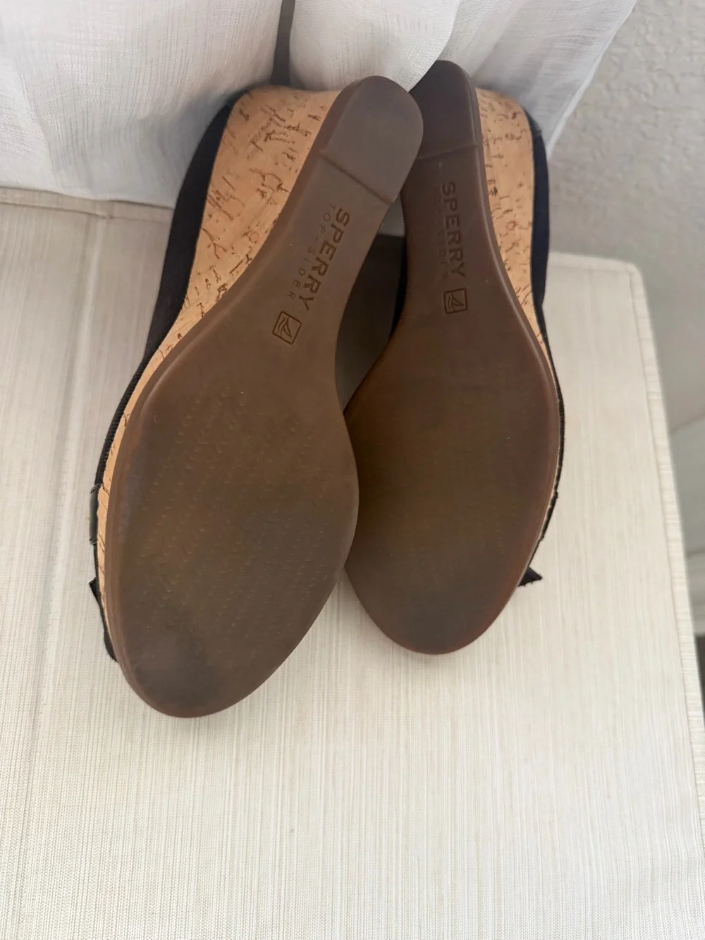 Sperry Top-Sider Black Peep-Toe Bow Cork Wedge Heels | 8.5